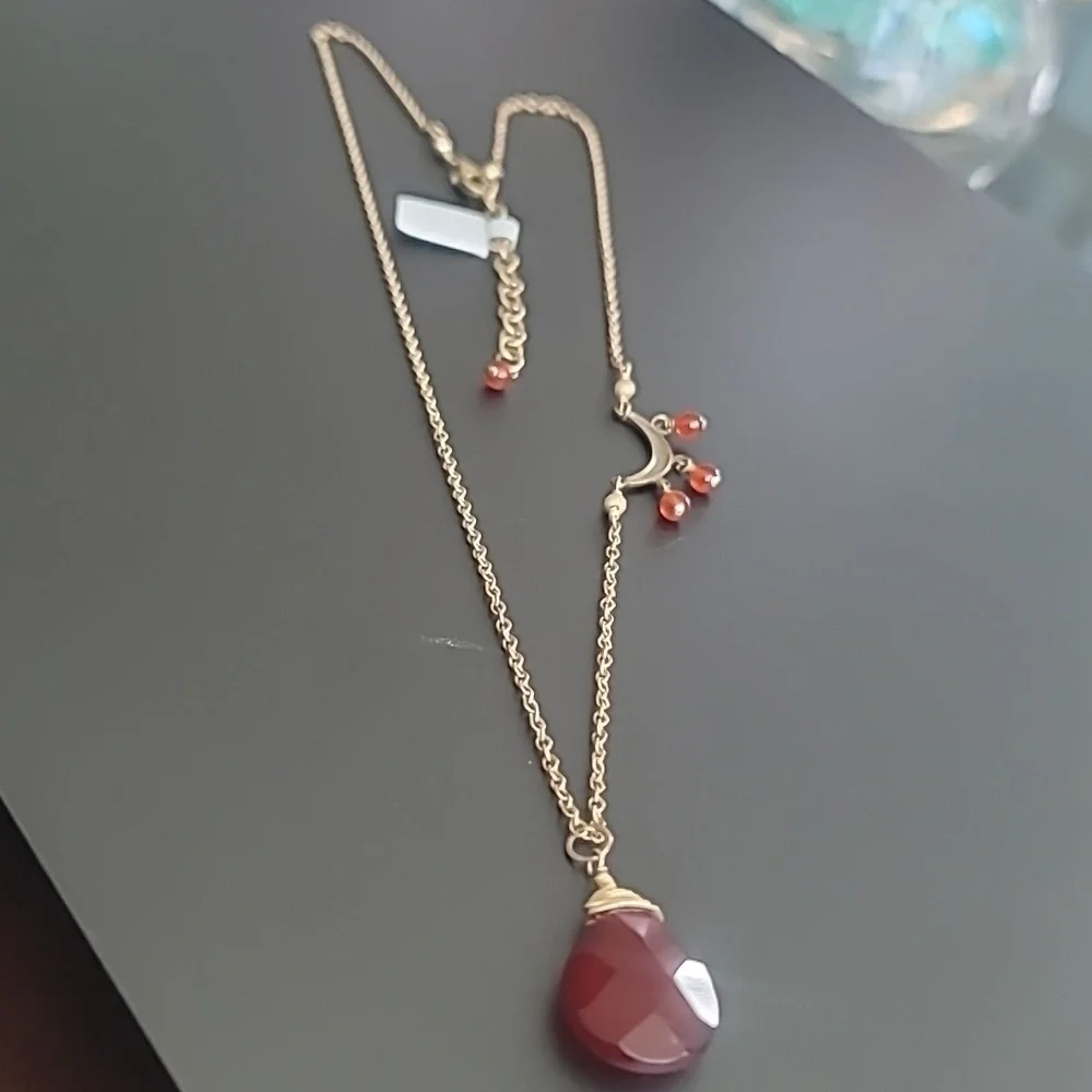 Carnelian Teardrop Pendant Necklace 14kt Gold Filled Half Moon with Dangles - Picture 4 of 8